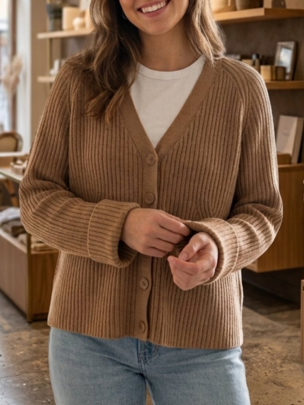 Traditions Camel Ribbed Knit V-Neck Slouchy Buttoned Cardigan Sweater 6-8